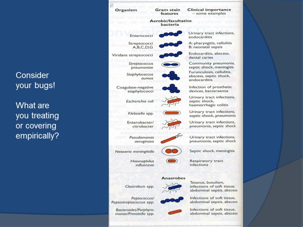 Consider your bugs! What are you treating or covering empirically?